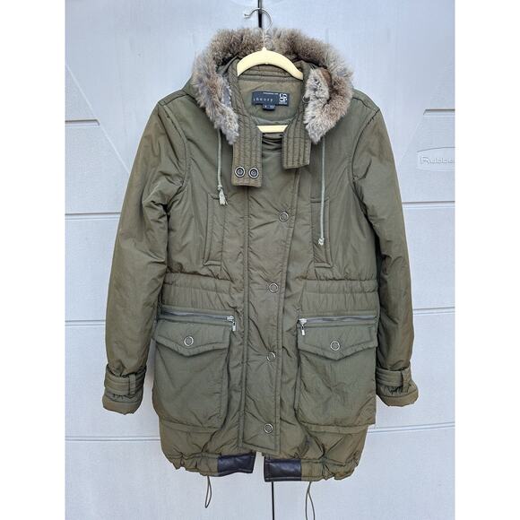 Theory Rabbit Fur Trim Hooded Parka/Anorak Coat Army Green Sz S Winter Outdoors - Picture 5 of 13